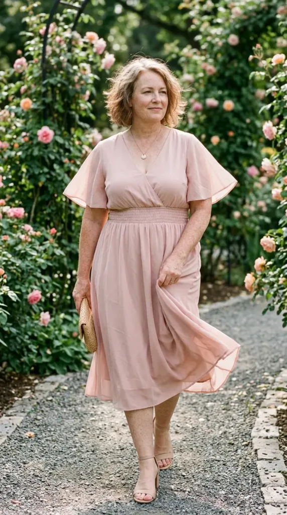 Cocktail dress for women over 50 in blush chiffon with flutter sleeves at a garden party