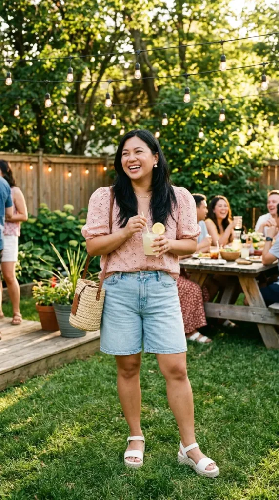 Curvy woman in a blush eyelet blouse and denim Bermuda shorts, an affordable plus-size spring outfit