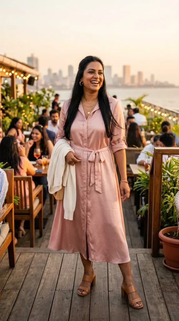 Blush satin midi shirt dress with tie belt and tan sandals, breathable Valentine dinner outfit for women over 40