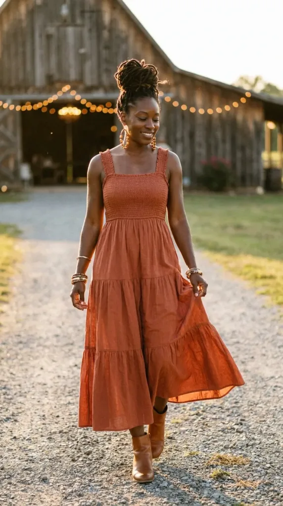 Woman in a terracotta tiered maxi dress and ankle boots walking to a barn baby shower