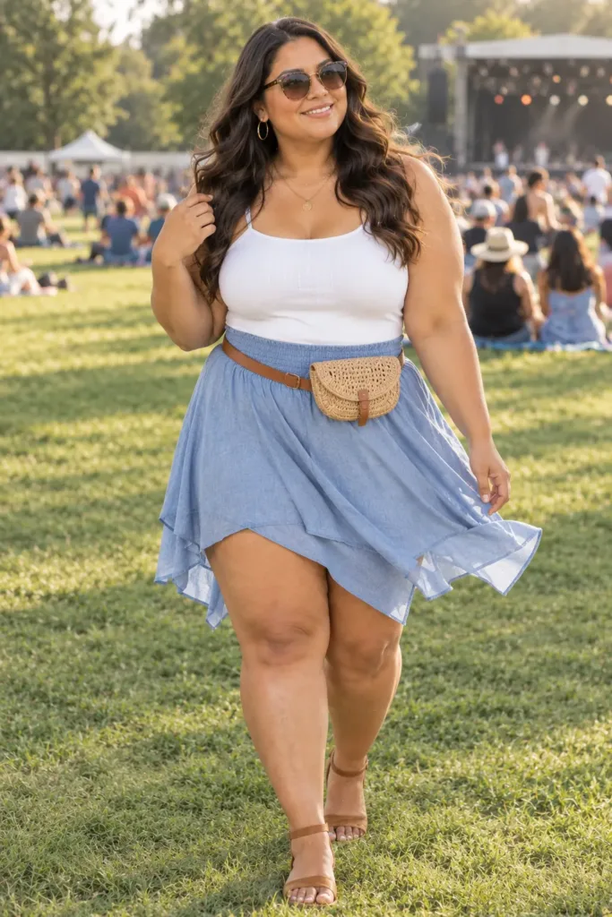 Plus size cool-blue handkerchief hem mini skirt with white tank and suede sandals outdoors