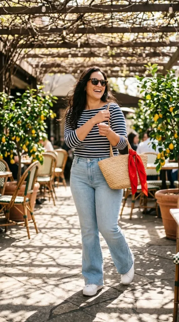 Woman in Breton striped tee, light-wash flare jeans and white platform sneakers on a patio