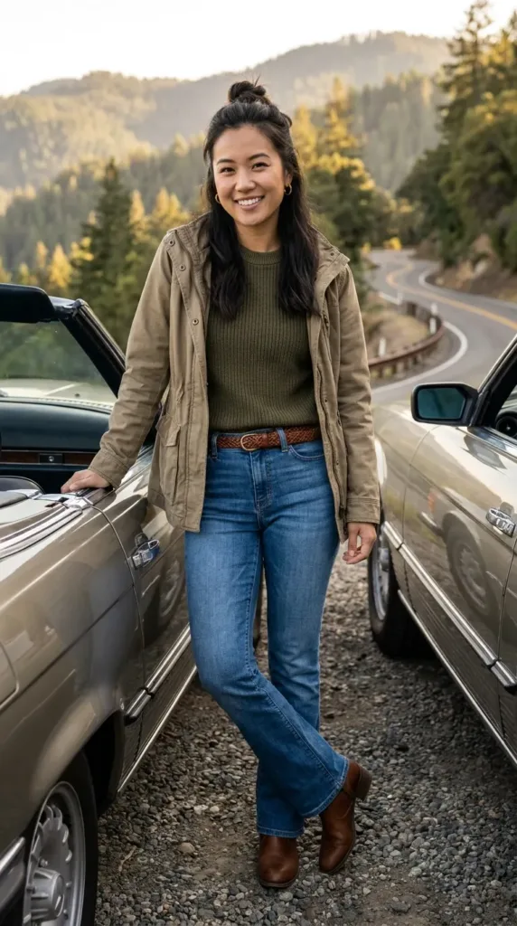Petite curvy woman in mid-wash bootcut jeans and olive knit beside a car on a scenic road trip stop