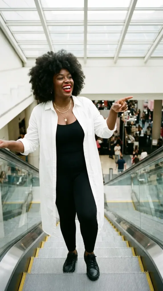 Woman in long white shirt, black leggings and sneakers, an easy budget concert outfit idea