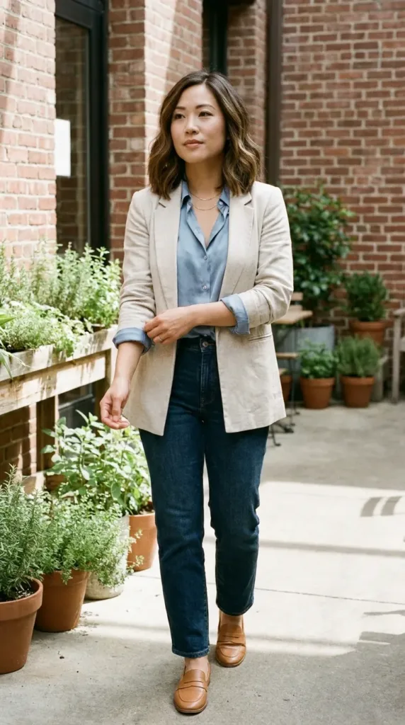 Woman in a blue silky blouse, oatmeal blazer and dark jeans, a budget-friendly baby shower outfit