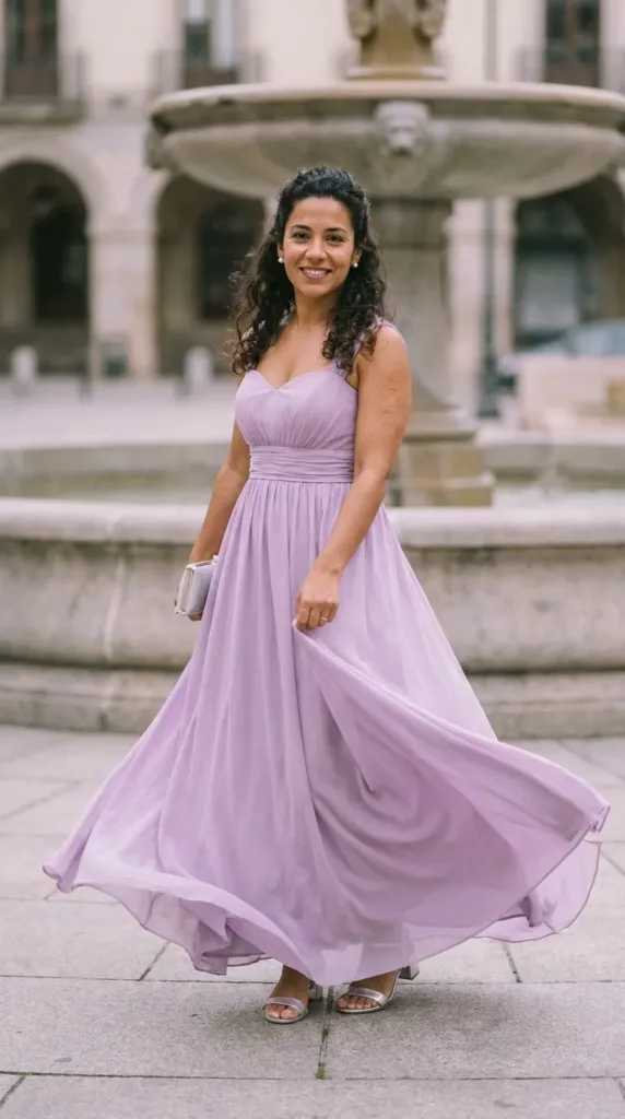 Woman in a lilac chiffon empire-waist gown on a plaza, an affordable wedding guest gown idea