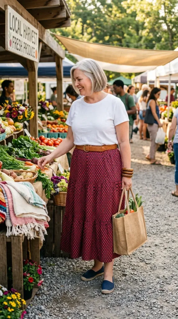 Woman in a red and navy woven-print tiered skirt with white tee and wooden bangles at a market