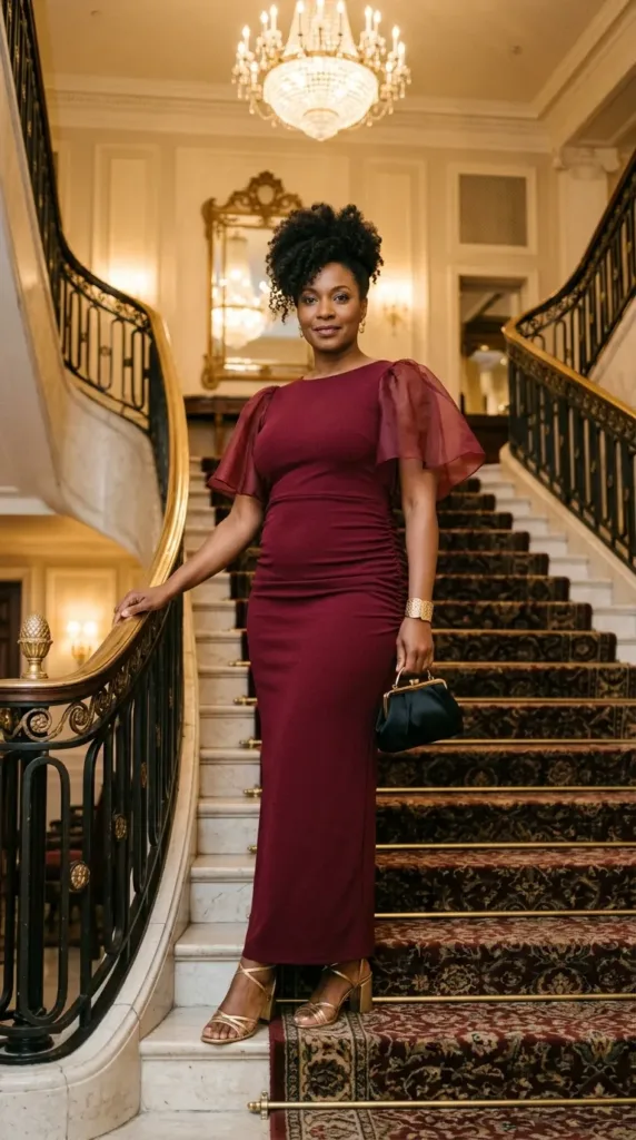 Woman in a burgundy stretch-crepe column gown with sheer butterfly sleeves at a gala