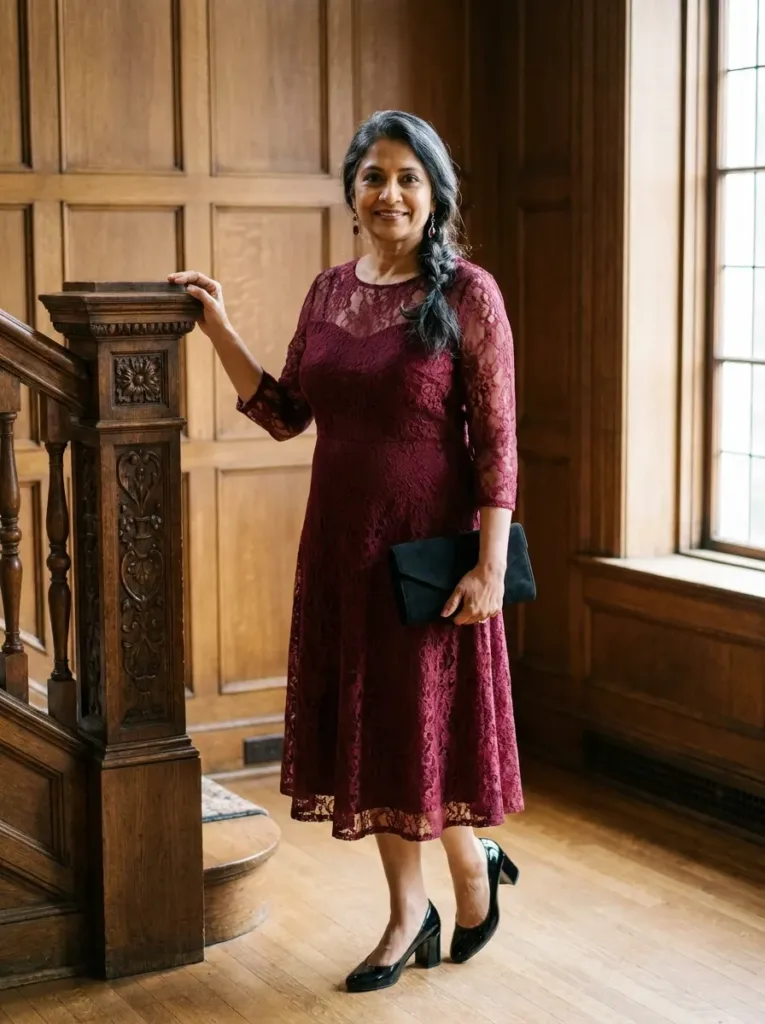 Woman over 50 in a burgundy lace A-line midi dress with garnet earrings at a formal dinner party