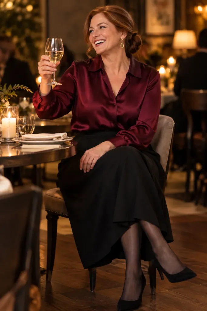 Burgundy silk and black wool fall outfit