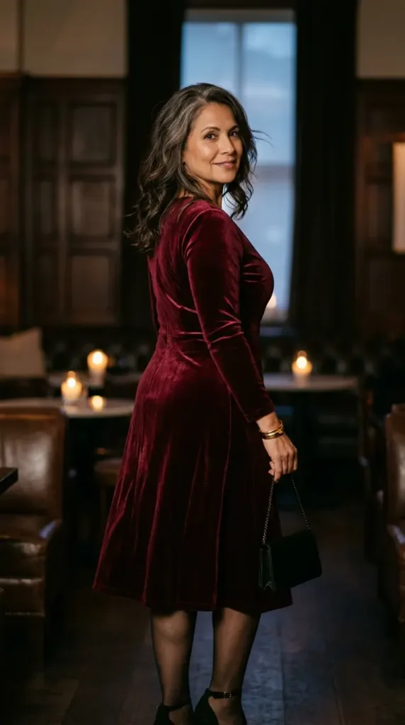 Woman over 50 in a burgundy velvet A-line cocktail dress with black suede ankle-strap heels
