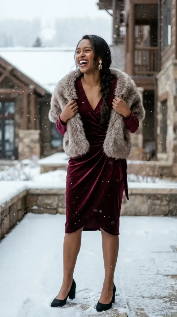 Woman in a burgundy velvet wrap gown with a faux-fur wrap at a winter wedding, a cozy formal guest outfit
