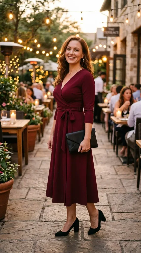 Burgundy wrap midi dress with black block heels, a Valentine dinner outfit idea for women over 40