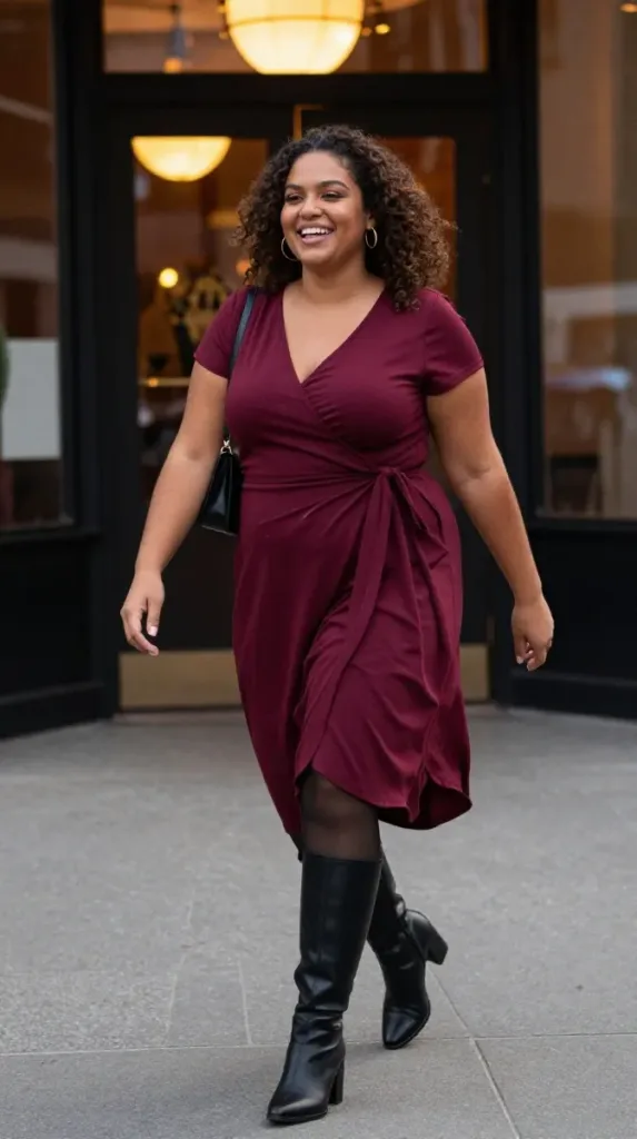10 Fall Dinner Outfit Ideas for Curvy Women 2 Curvy woman in a burgundy wrap dress and boots, a fall dinner outfit for a steakhouse