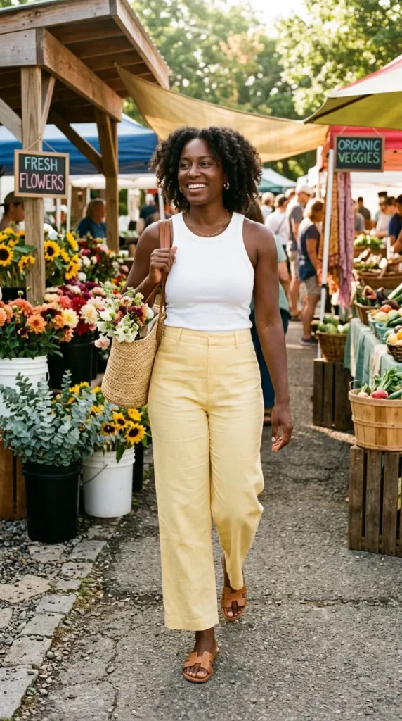 Curvy woman in butter-yellow linen wide-leg pants and white tank, a casual spring outfit for hot days