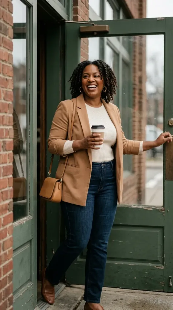 10 Coffee Date Outfit Formulas You Can Copy Today 2 Woman in camel blazer, cream knit and dark straight-leg jeans, one of our coffee date outfits
