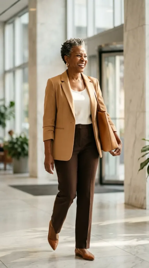 Woman over 50 in a camel blazer, ivory shell and straight trousers, walking through an office lobby