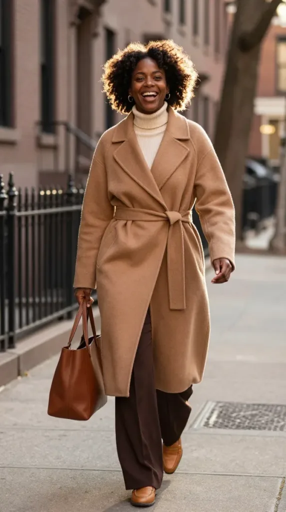 Woman in camel wrap coat, cream turtleneck and brown wide-leg trousers, an old money autumn outfit