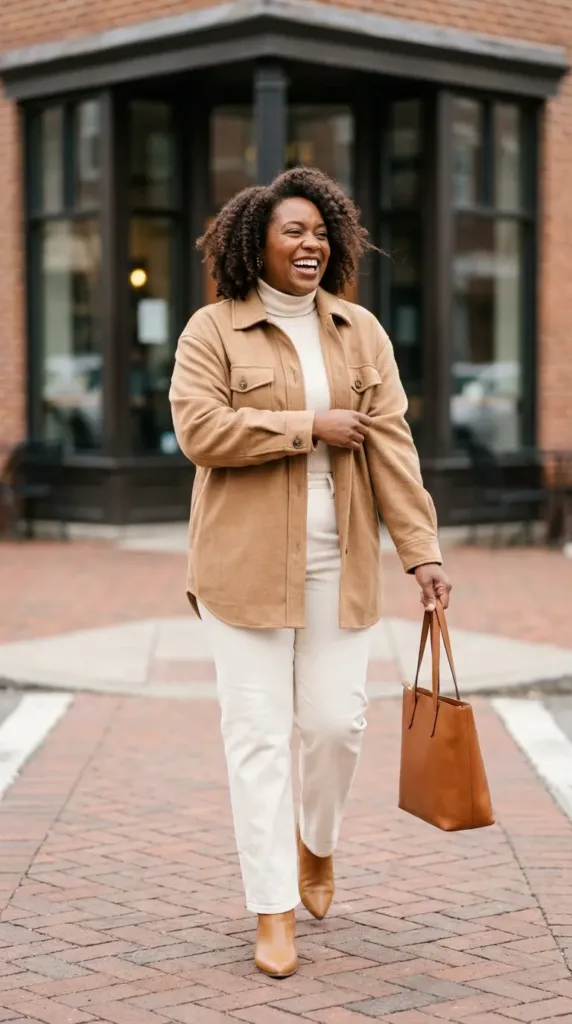 Curvy woman in a camel oversized shacket with cream turtleneck and ivory pants walking past a café