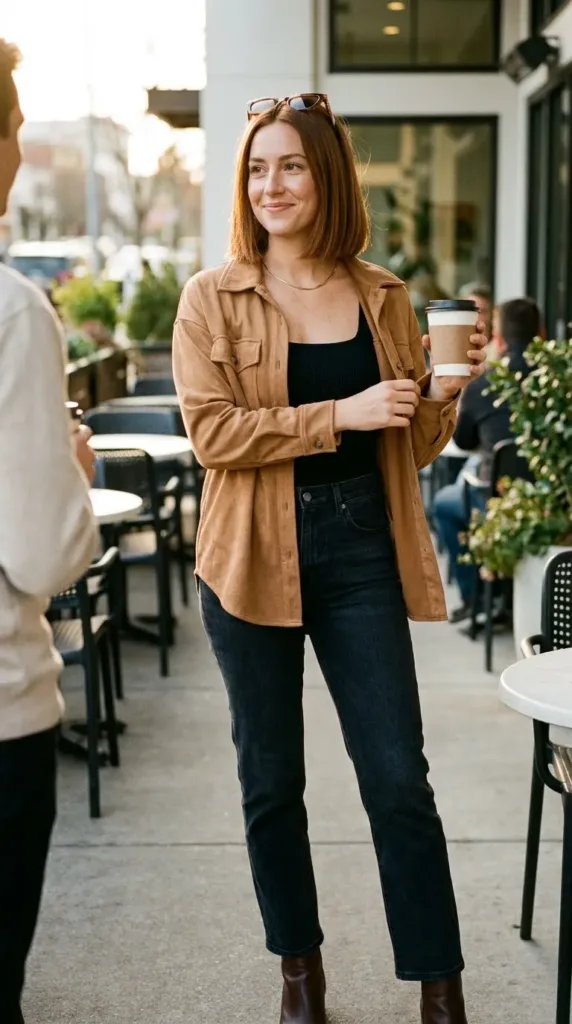 Curvy woman in camel faux-suede shacket, straight jeans and ankle boots outside a coffee shop