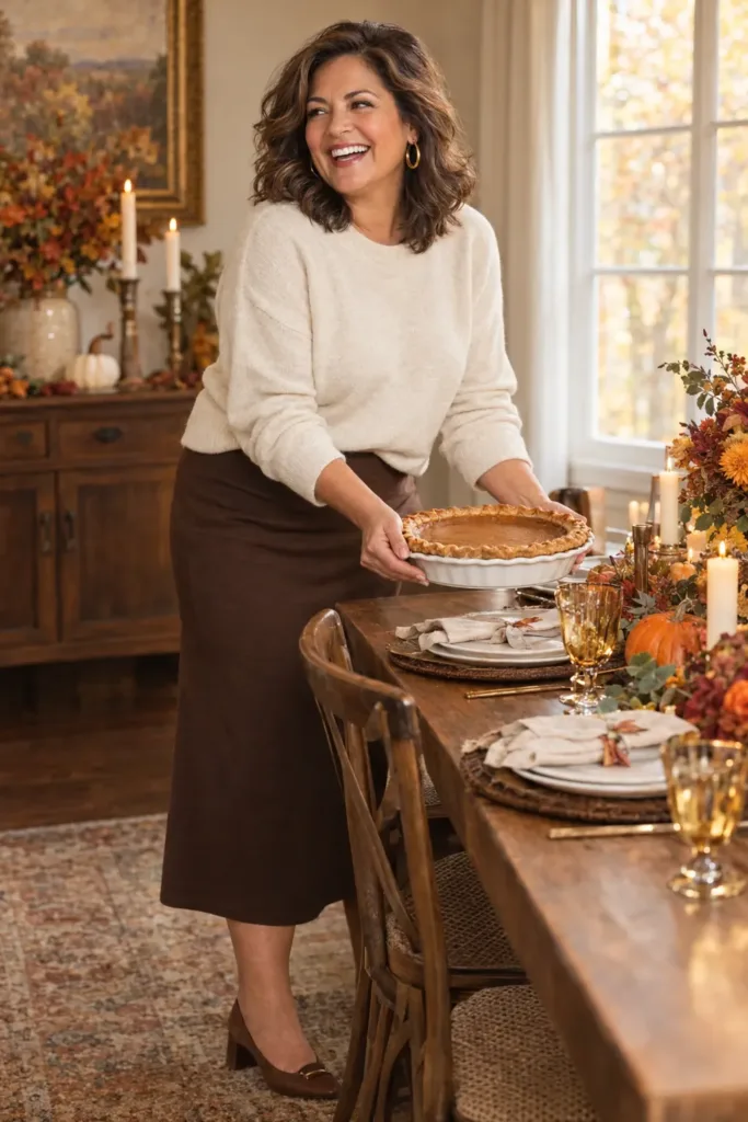 Woman over 50 in cream cashmere sweater