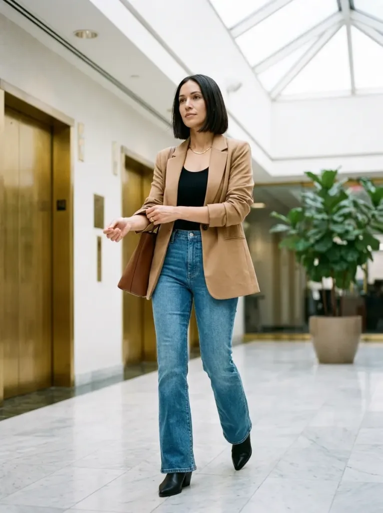 Plus-size woman in camel blazer, black tank and mid-wash flare jeans in an office lobby
