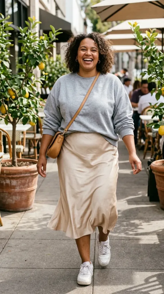 Curvy woman in champagne satin slip skirt, gray sweatshirt and white sneakers at a sunny brunch café