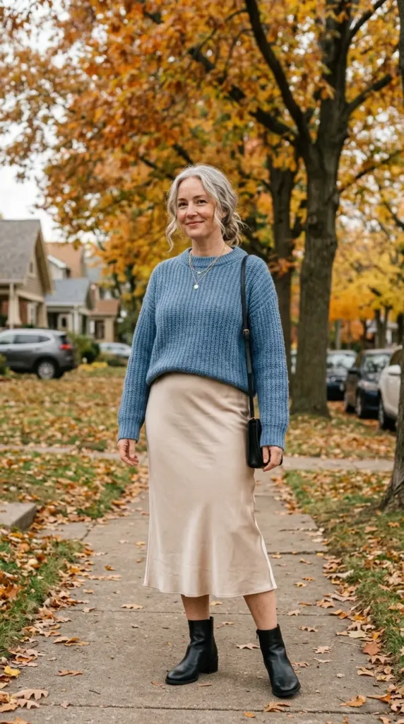 Woman in champagne satin midi skirt and blue chunky sweater with ankle boots, a cozy date outfit idea