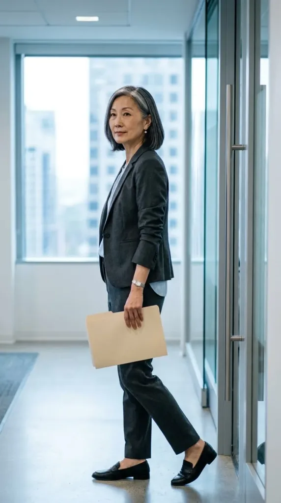 Charcoal suit set business outfit for women over 50 in a glass-walled boardroom hallway