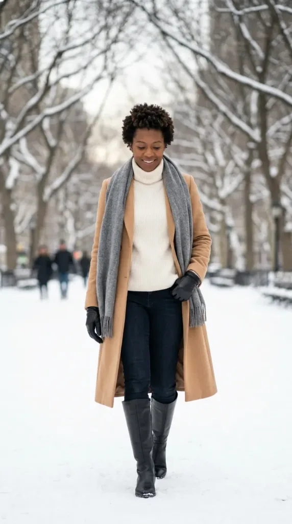 Woman in dark slim-straight travel jeans, cream turtleneck, and camel wool coat walking in a snowy park