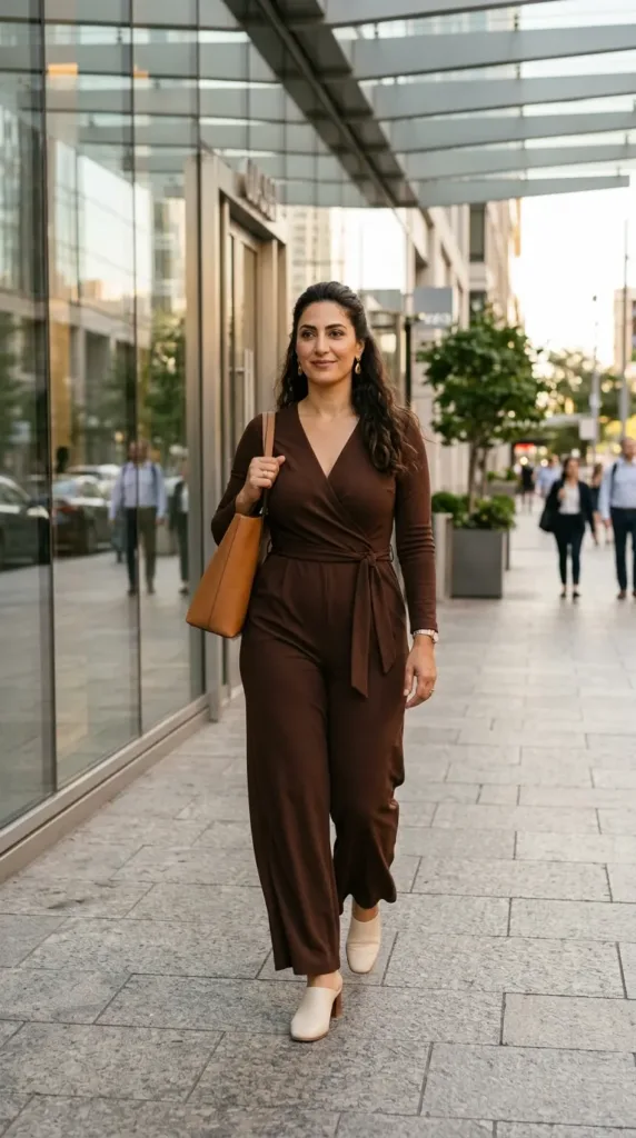 Tall curvy woman in a chocolate brown wrap jumpsuit and cream block-heel mules, a work-to-dinner outfit