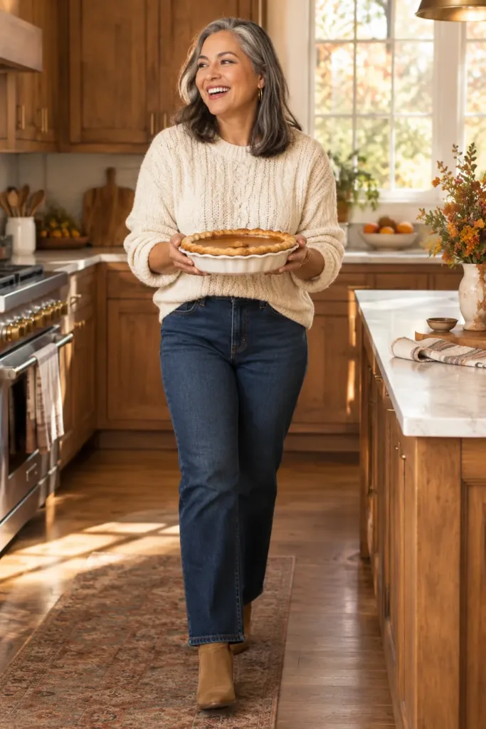 Thanksgiving Sweater Outfits for Women Over 50 That Feel Cozy 2 Woman over 50 in cream cable-knit sweater
