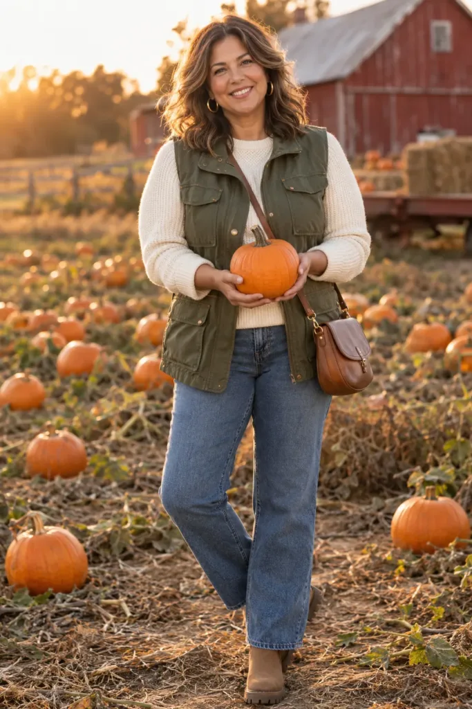 10 Amazing Pumpkin Patch Outfits for Women Over 50 2 Woman over 50 wearing straight-leg jeans