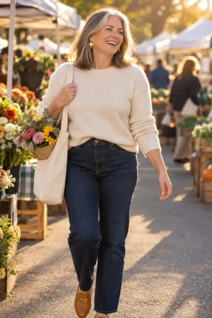 Woman over 50 wearing trendy straight-leg jeans
