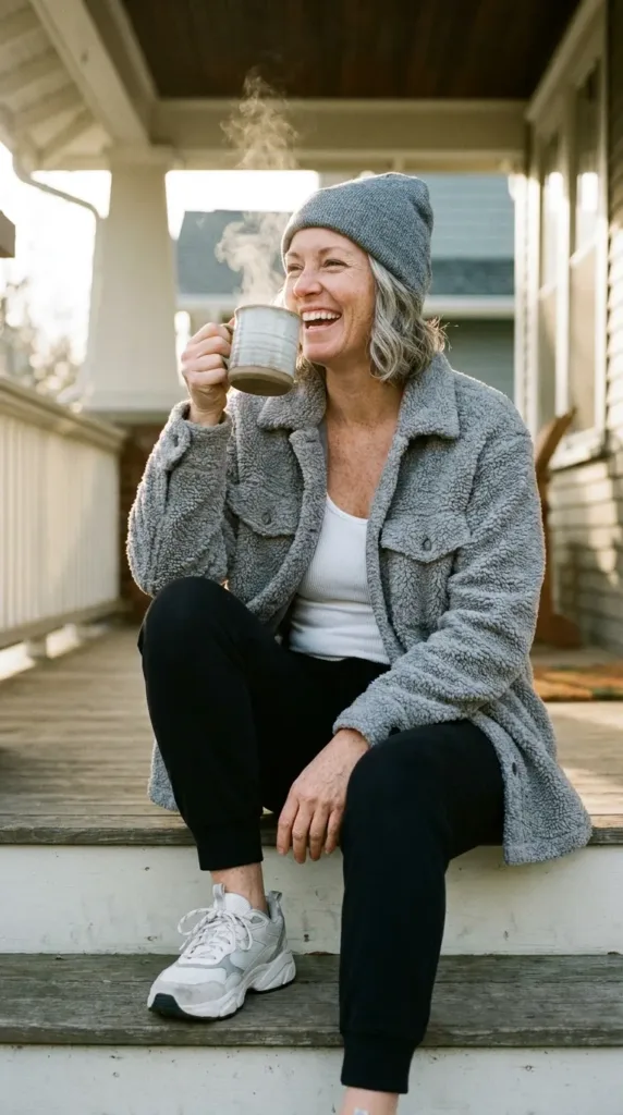 Woman in a gray Sherpa shacket, black joggers and chunky sneakers on a front porch