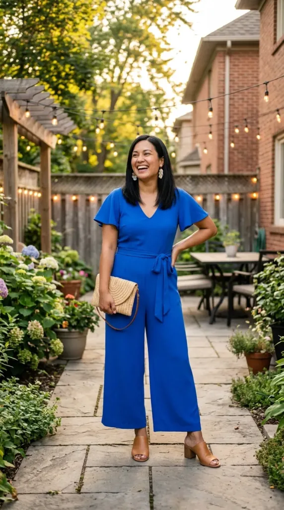Plus-size woman in a cobalt Filipin ion-inspired jumpsuit with capes earrings at a family party