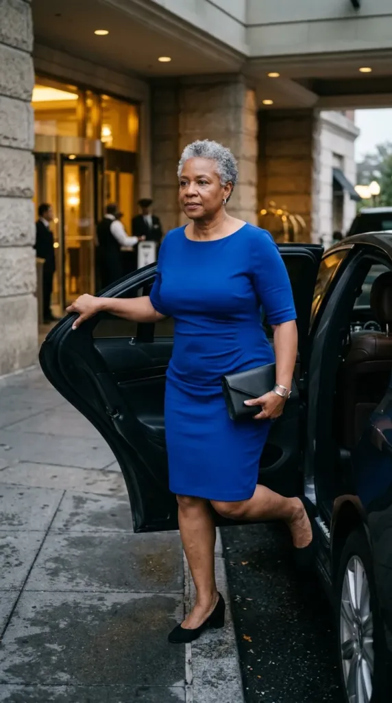Cobalt blue Ponte sheath cocktail dress with elbow sleeves worn by a woman over 50