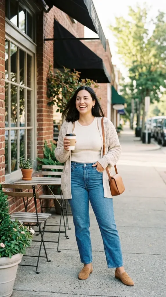 Midsize woman in cream ribbed tank, straight-leg jeans, and cardigan, a casual coffee date outfit idea