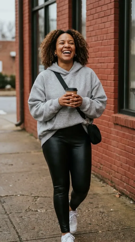10 Hoodie Outfits for Weekend Errands and Coffee Dates 2 Woman in an oversized gray hoodie, faux-leather leggings and white sneakers holding coffee on a city sidewalk