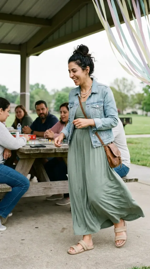 Woman in a sage green jersey maxi dress and denim jacket, a comfortable baby shower outfit for guests