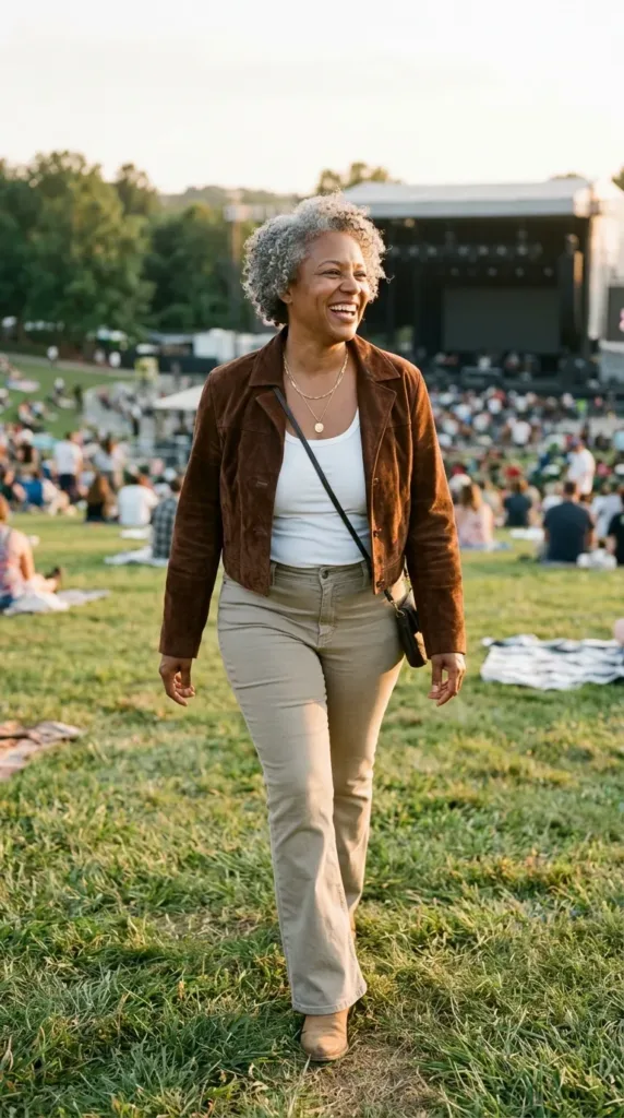 Woman in cropped suede jacket, white tank and khaki flare jeans at an outdoor concert