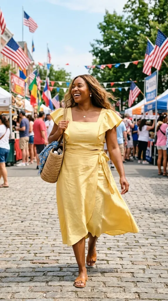 Woman in a butter-yellow linen barro's Saya set with straw tote at a summer Filipino festival