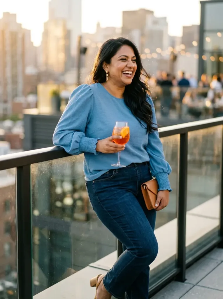 10 Early Fall Outfits for Curvy Women in Mixed Weather 7 Plus size cool blue puff-sleeve blouse with dark jeans and block-heel sandals for an early fall date night
