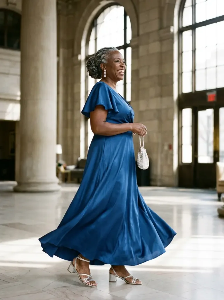 Woman over 50 in a sapphire blue satin maxi dress with flutter sleeves at a gala evening party