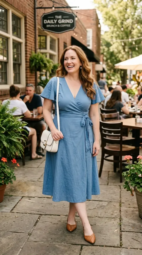 Curvy woman in a cool blue wrap midi dress and tan flats, a spring brunch outfit for curvy figures