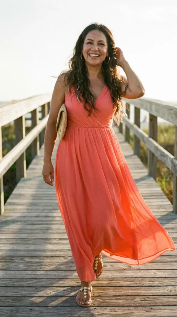 Woman in a coral chiffon wrap maxi gown walking toward a beach wedding ceremony at golden hour
