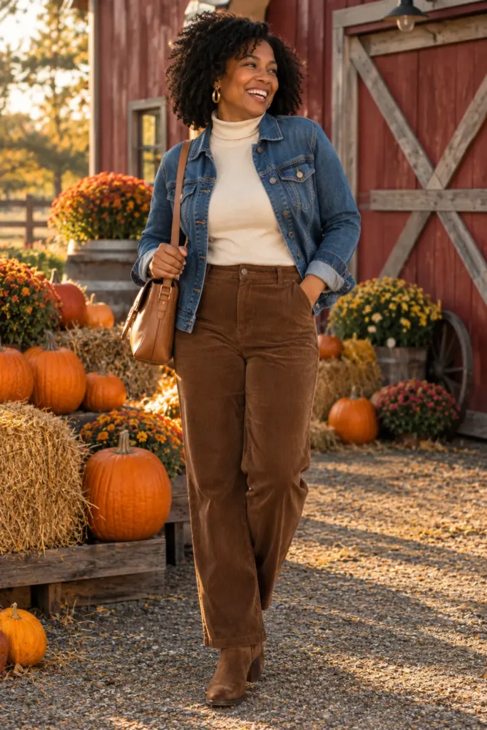 10 Amazing Pumpkin Patch Outfits for Women Over 50 9 Woman over 50 in corduroy pants