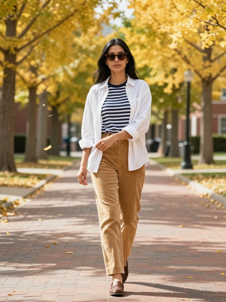 Woman in corduroy pants, a striped tee and an open white shirt in a simple modern preppy autumn outfit