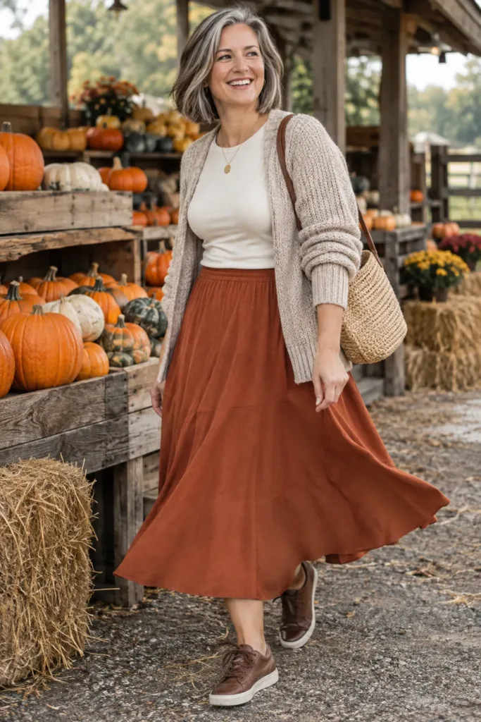 10 Amazing Pumpkin Patch Outfits for Women Over 50 3 Woman over 50 in rust midi skirt