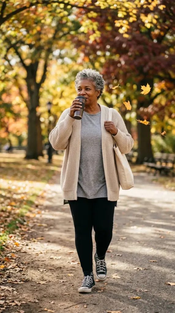 Woman in oatmeal cardigan, leggings and black high-top Converse holding coffee on a park path